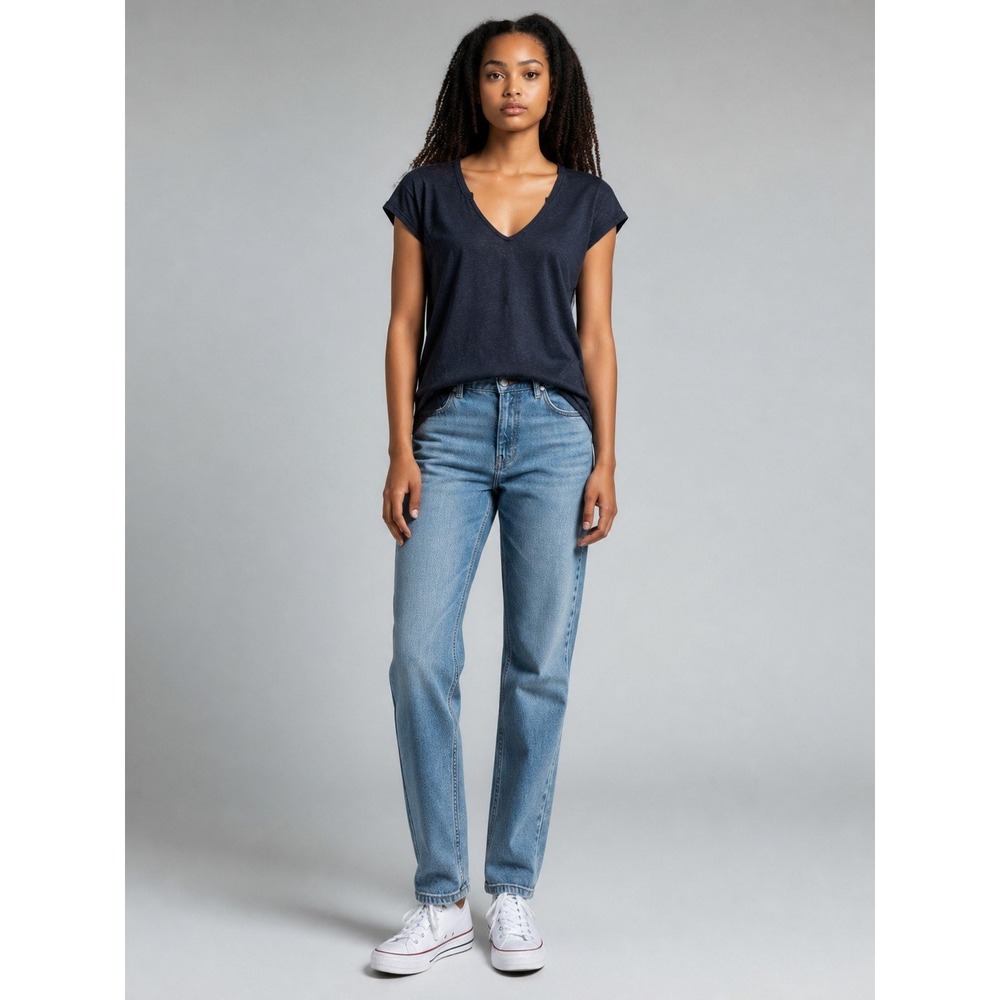 Free People We The Free Navy Blue Deep V-Neck Raw Edge Tee Shirt Large